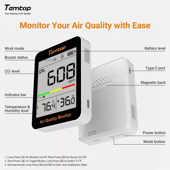 Temtop Air Quality Monitor CO2 Temp&Hum Detector C1 Home Office School Indoor 