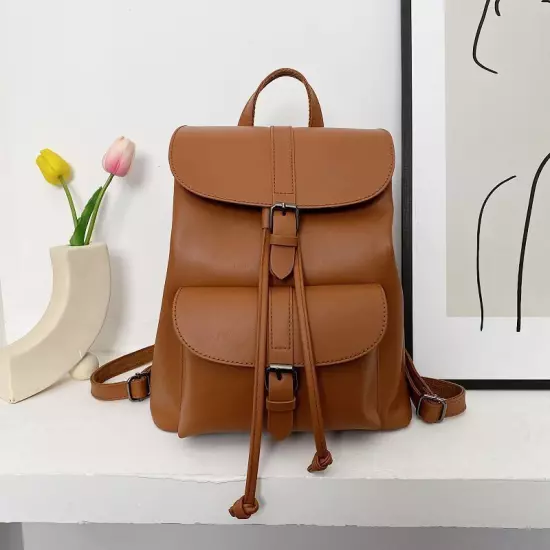 Women Drawstring Backpack PU Leather School Bags Belt Backpacks Ladies