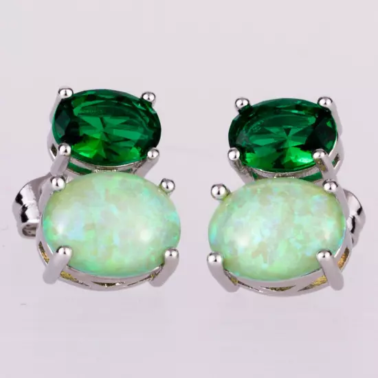 7x9 Green Fire Opal Simulated Emerald Silver Filled Jewelry Women Stud Earrings