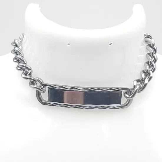 Stainless Steel Link Chain Bracelet Mens Silver Toned ID Panel 7.50 in. Length