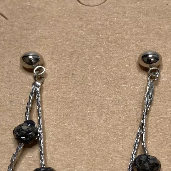 Black Crystal Mini Balls Silver Chain EARRINGS Drop Dangle Tassel NWOT 3"