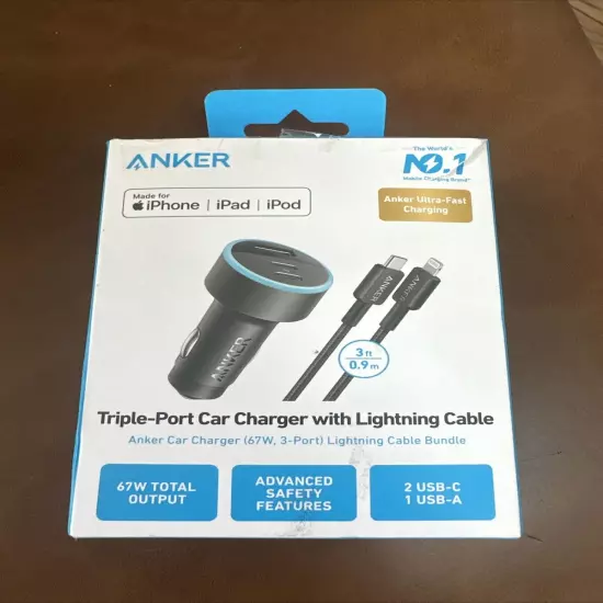 Anker 3-Port 67W Car Charger with 3' to USB-C Cable - Black