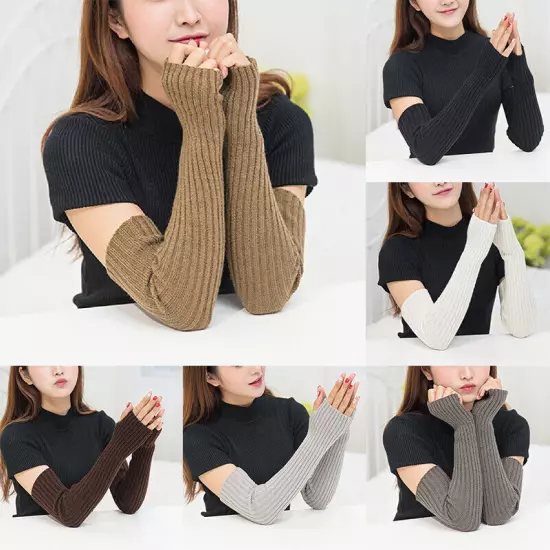 Women Long Half Finger Fingerless Gloves Arm Hand Warmer Knitted Mittens Winter✔