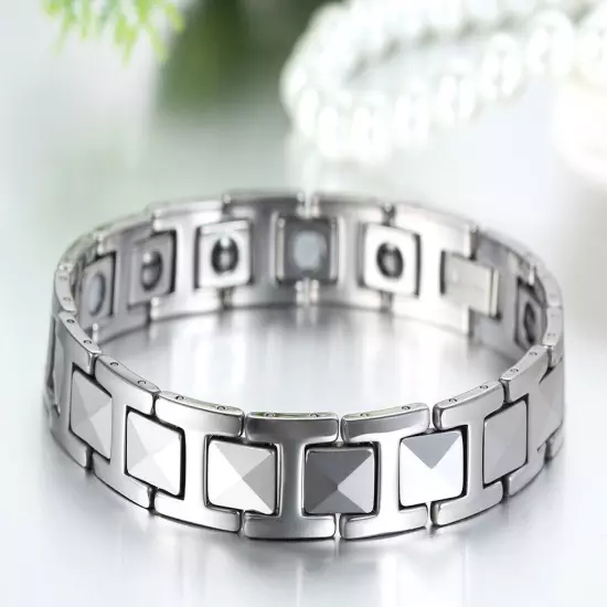 Men's Silver Tungsten Carbide Link High Power Therapy Magnetic Bracelet Chain