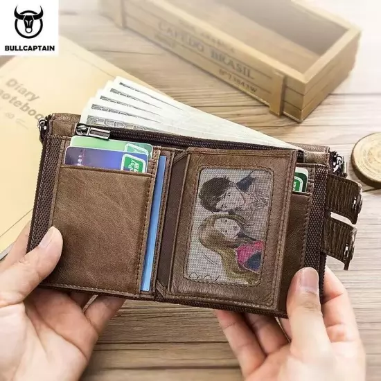 BULLCAPTAIN Men RFID Blocking Leather Card Holder Zipper Wallet Anti-theft Chain