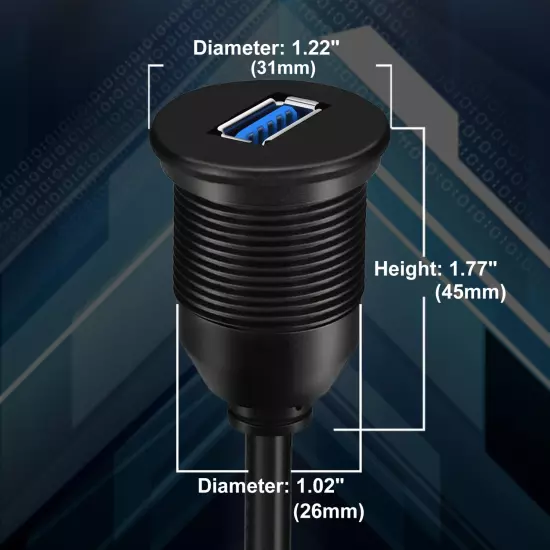Single Port USB 3.0 Car Flush Mount Cable, USB Dash Mount Adapter Male to Femal
