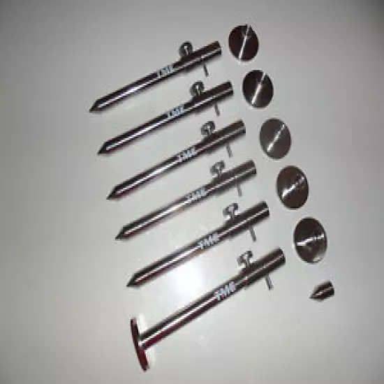 6 x TMC Interchangeable stainless steel bank sticks and stage stands. 15-23cm