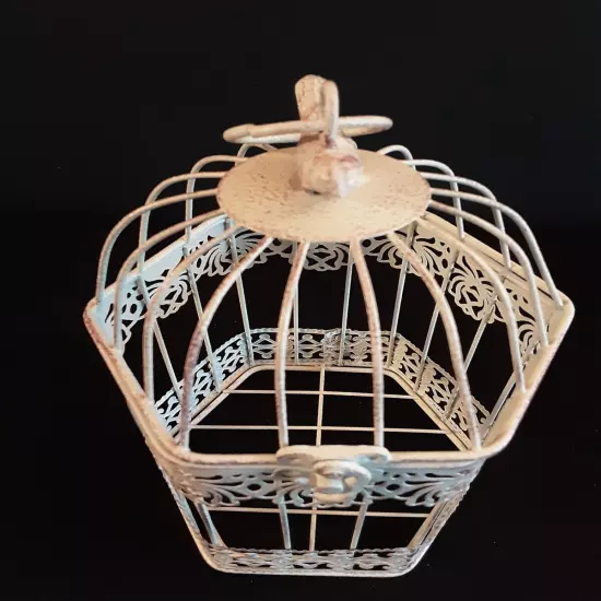 Vintage Look Metal Bird Cage Intricate Cut-Outs Bird On Top Opens At Top