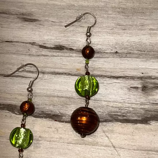 Lovely Green & Brown Glass Earrings Fish Hook