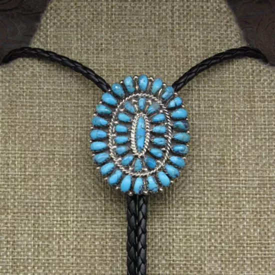 Navajo Sterling Silver Oval Turquoise Cluster Bolo Tie By Anita Whitegoat