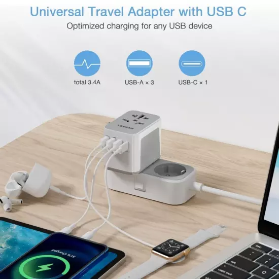 Universal Travel Adapter, International Plug Adapter, 4 puertos USB (1 USB C)