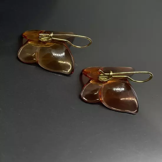 Baccarat Signed Amber Tone Crystal 750 18K Butterfly Pierced Hook Drop Earrings