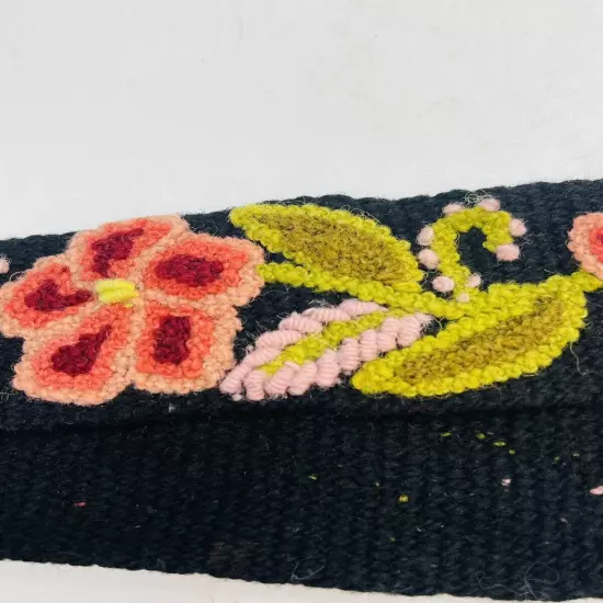 Embroidered Peru Wool BELT Black Floral Boho Hippie HORN BUCKLE Adjustable 44"