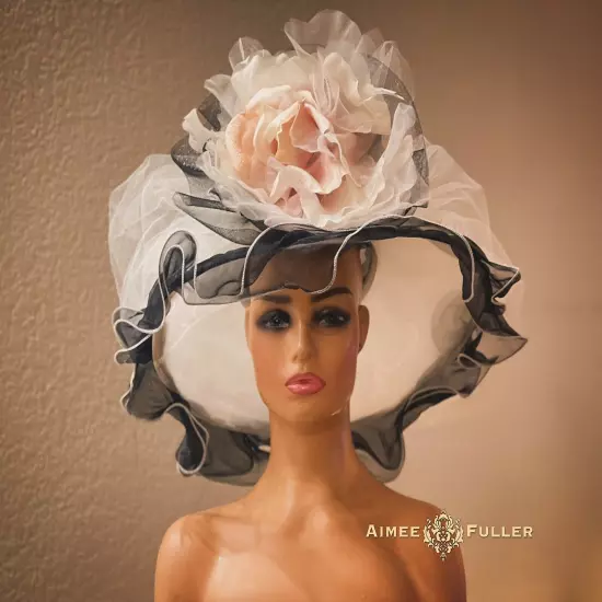 Kentucky Derby Hat Black White Organza Pale Pink Rose Flower Royal Ascot Del Mar