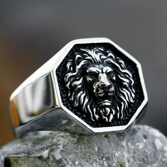 Powerful Royal Lion Hexagon Signet Ring Stainless Steel Biker Jewelry Punk Ring