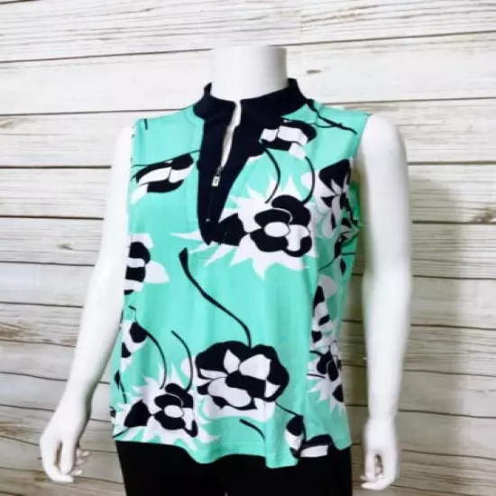 DKNY Golf Womens Top Size L Multicolor Floral 1/4 Zip Stretch Sleeveless 