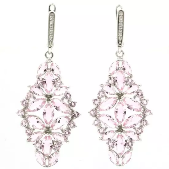 Fantastic Pink Kunzite White Cubic Zirconia Ladies Gift Silver Earrings 