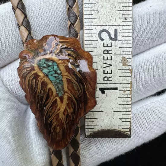 Vintage Bolo Tie Native Wood Turquoise Inlay ￼ Resin Western