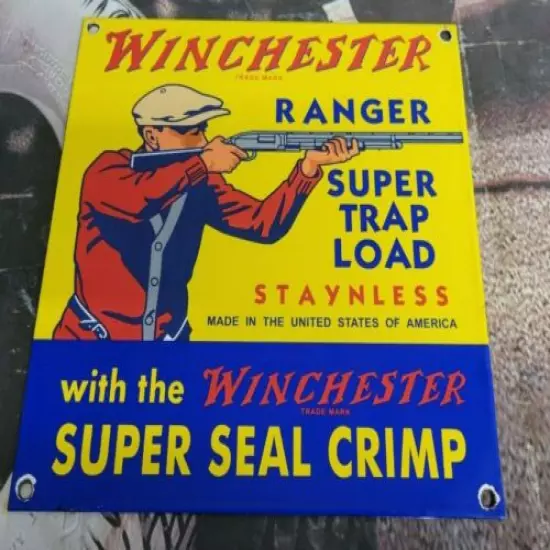 VINTAGE OLD WINCHESTER RANGER PORCELAIN ENAMEL GUN SIGN REMINGTON COLT HUNTING