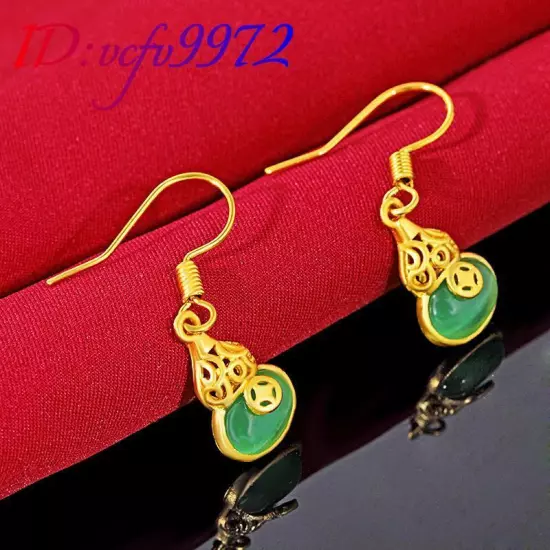 Natural Jade Gourd Earrings Real Jewelry Carved Gemstone Luxury 18K Gold Plated