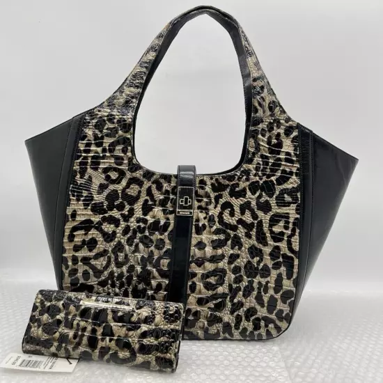 Brahmin Carla Snow Leopard Print Oversized Black Leather Tote w/ Matching Wallet