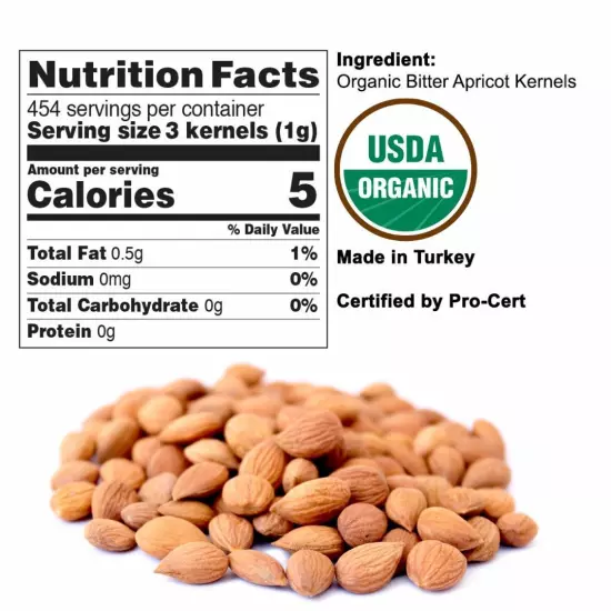 Bitter Apricot Kernels Organic Raw (1 LB) - 100% USDA Organic Certified - Turkey