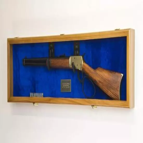 Gun Display Case Cabinet Rifle Oak Blue Solid Wood Shotgun Frame Shadow Box 44" 