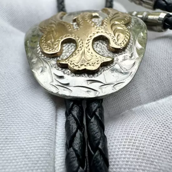 Stunning Tooled Gold And Silver Eagle Bolo Tie Vintage