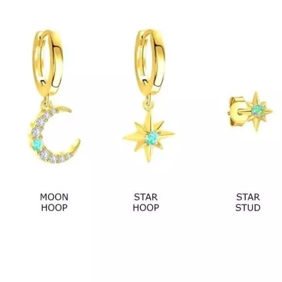 Celestial Moon Star Huggie Gold w/ Opal & Cubic Zirconia Dainty Hoop Earrings