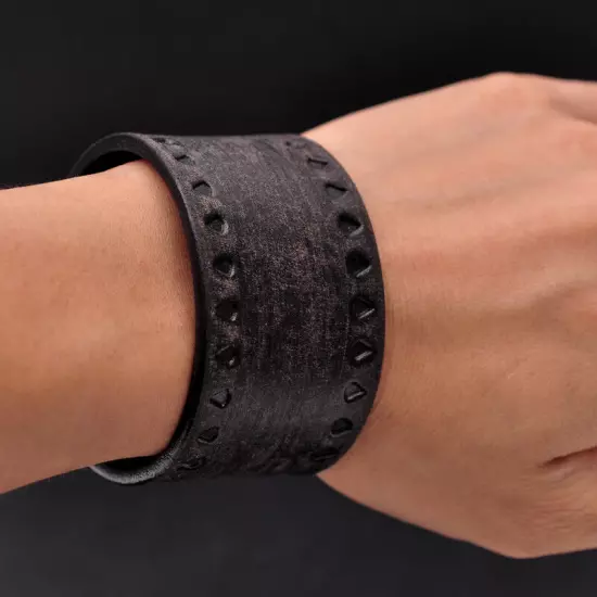 Mens Vintage Casual Wide Wrap Plain Full Grain Leather Cuff Wristband Black