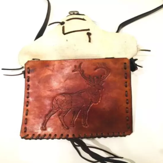 Mountain Man Possibles Bag, Hand Tooled Elk Front, Hand Woven & Red Fox Face