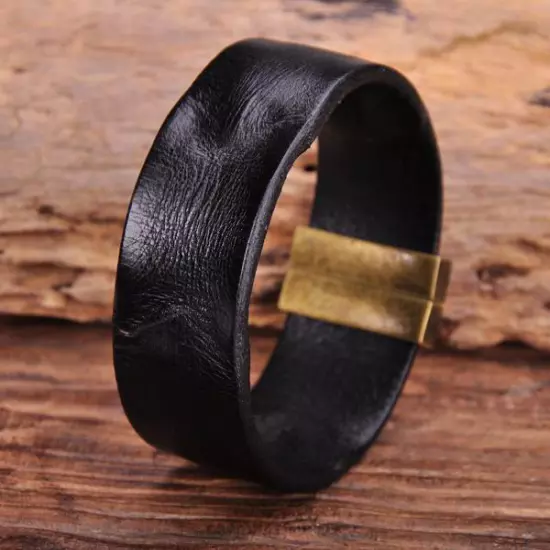 G169 Black Manual Vintage Texture Real Leather Bracelet Wristband Mens Wide Cuff