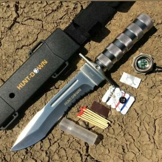 Hunt-Down 12" All Chrome Fixed Blade Survival Knife - Survival Kit & Compass