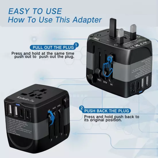 Universal Worldwide Travel Adapter Plug 2 Smart USB Ports+2 Type-C Fast Charge