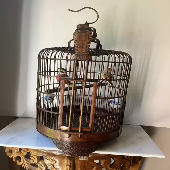 Vintage Chinese Bamboo Song Bird BirdS Cage Porcelain Feed Bowls