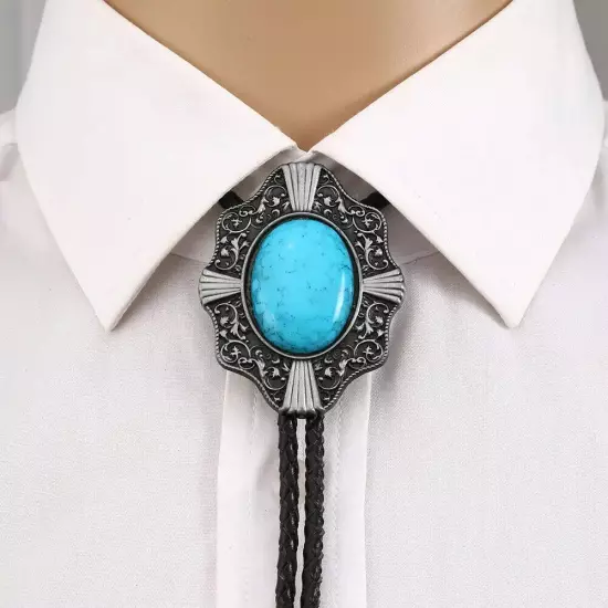 Vintage Bolo Tie Western Cowboy Blue Turquoise Mens Alloy Necklace PU Rope Party