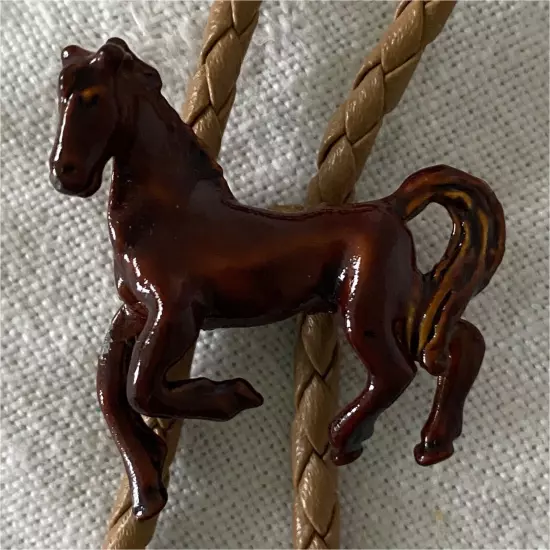 Bolo Tie Enamel Horse Prancing Western Ranch Rodeo Leather Braid Cord Brown