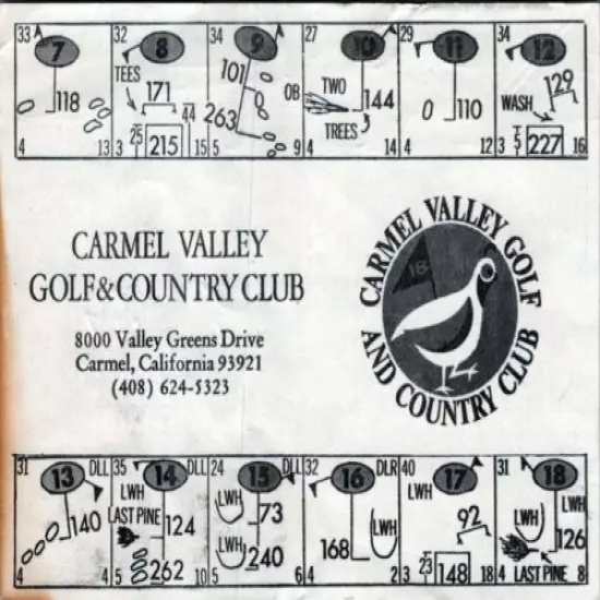 Vintage 1980s Carmel Valley Golf Course Country Club Scorecard Carmel-By-The-Sea