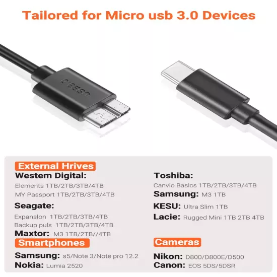 Type C 3.1 to Micro B Cable Hard Drive Cable 5Gbps Fast Charging & Syncing Cord