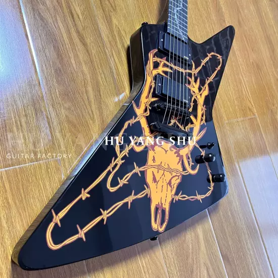 Custom Yellow pattern on black body Explorer Electric Guitar black fretboard