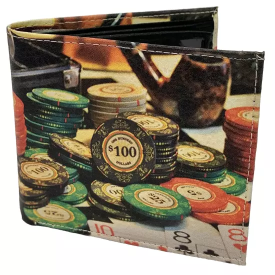 Poker Chips Playing Cards Men's Wallet Bi-Fold Faux Leather 6 Credit Card Slots