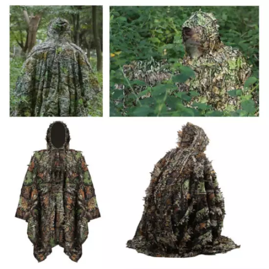 3D Leaf Camo Sneaky Hooded Ghillie Poncho Suit Ghillie Clothes Hunting