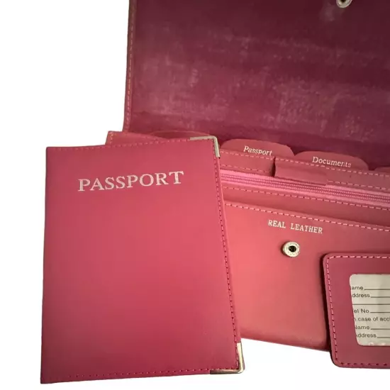 Woman’s Document Passport Travel Organizer Vintage Pink Leather Bi Fold Clutch