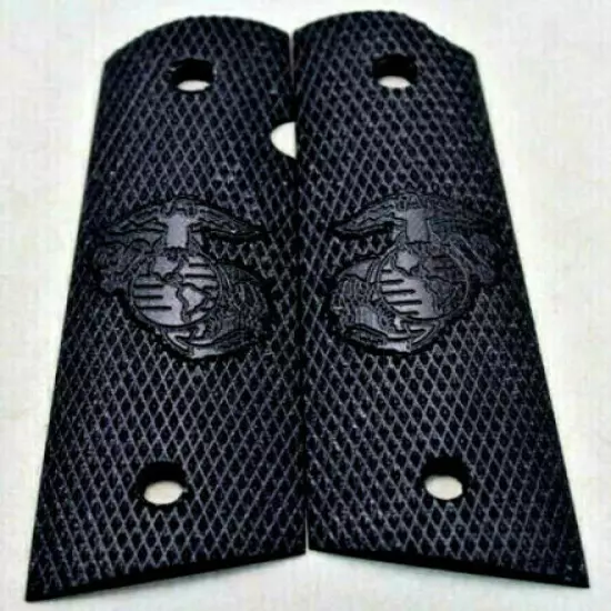 79_5407blk USMC EGA 1911 Govt Full Checker Black G10 Magwell Grips