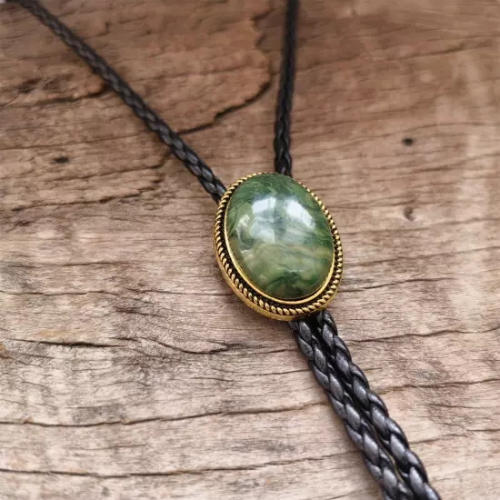 Golden Green Forest Jade Bolo Tie Wedding Necklace for Men Women Western Cowboy