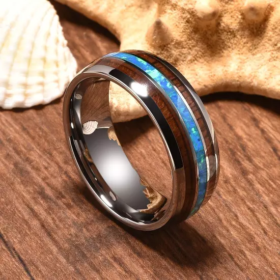 8Mm Tungsten Carbide Ring for Men 0Pal Wood Inlay Wedding Band Comfort Fit