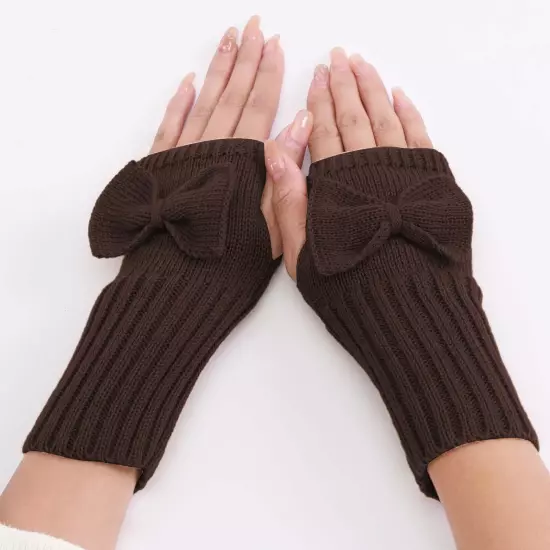 Short Bow Fingerless Gloves Autumn Winter Women's Solid Wrist Knitted Wool Glove