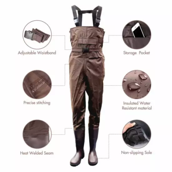 US 14 Size Hunting Fishing Chest Wader Waterproof Nynon Rubber Boot Foot 2-Ply