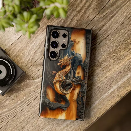 For iPhone, Samsung Galaxy, Pixel - Phone Case Cover - Carved Wood Dragon Print