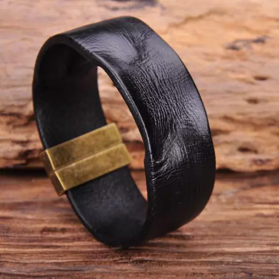 G169 Black Manual Vintage Texture Real Leather Bracelet Wristband Mens Wide Cuff